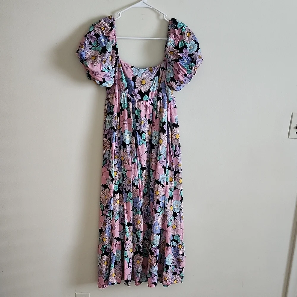 Storia Multicolor Floral Princess Midi Dress Empire Waist Smocked Back Medium